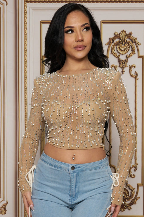 BANJUL RHINESTONE/PEARL STUD LONG SLEEVE CROP TOP - NUDE - SohoGirl.com